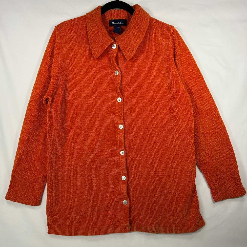 Denim & Co. Orange Chenille Button-Down Shirt Large Vintage Textured Cardigan